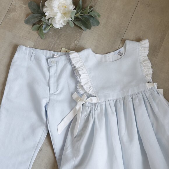 Blue Cotton Linen Pinafore Dress Portrait Vacation Monogram Size 5 NWT - Picture 6 of 8